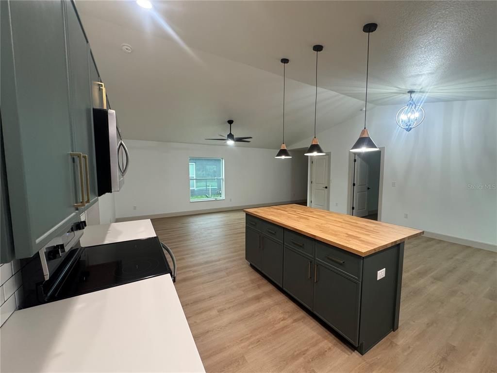 Interior, Kitchen, Pendant Lights, Wood Texture Flooring