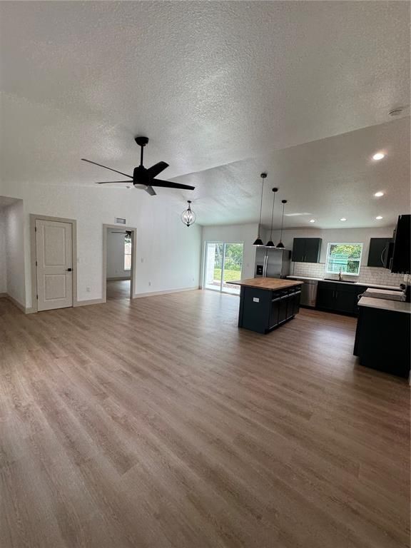 Empty room, Interior, Kitchen, Pendant Lights, Recessed Lighting, Wood Texture Flooring