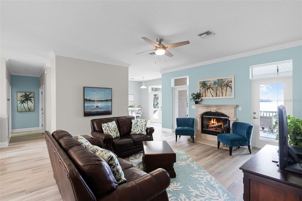 Fireplace, Interior, Living room, Pendant Lights, Wood Texture Flooring