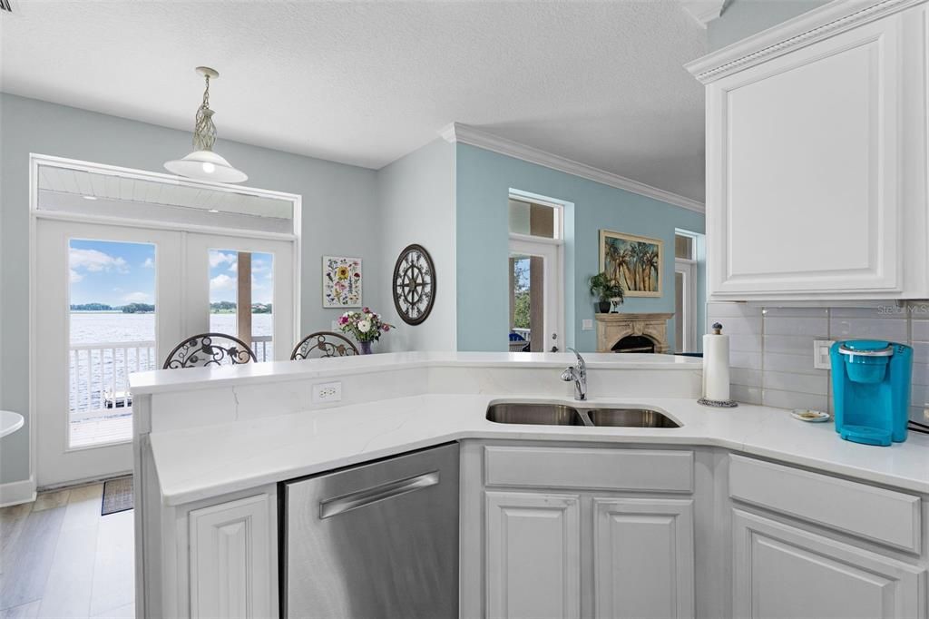 Interior, Kitchen, Pendant Lights, Water, Wood Texture Flooring