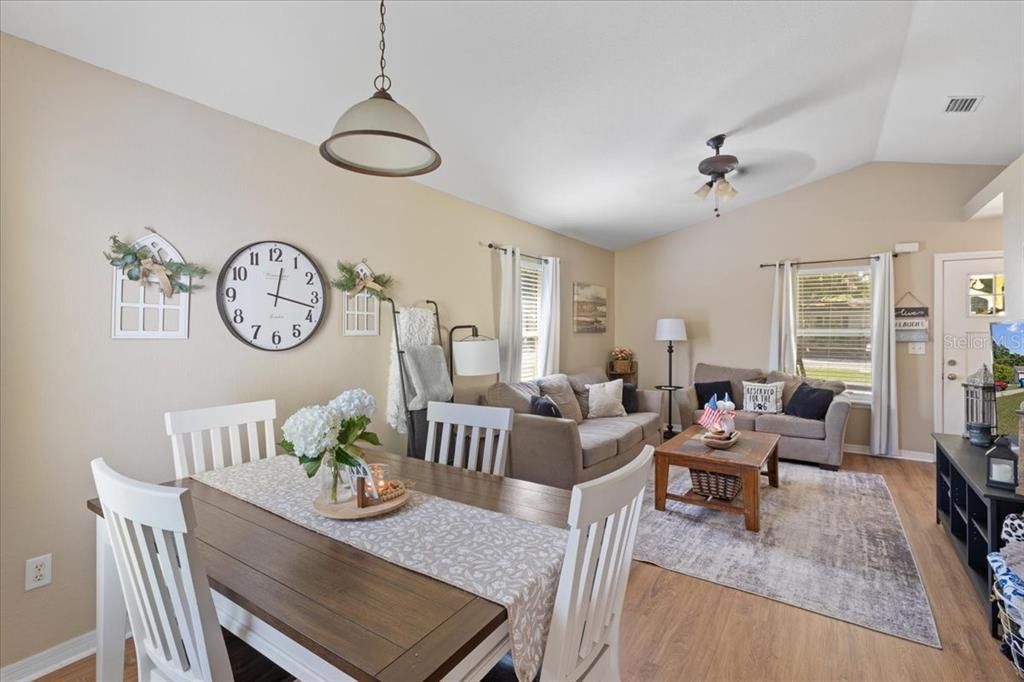 Dining room, Interior, Living room, Pendant Lights, Wood Texture Flooring