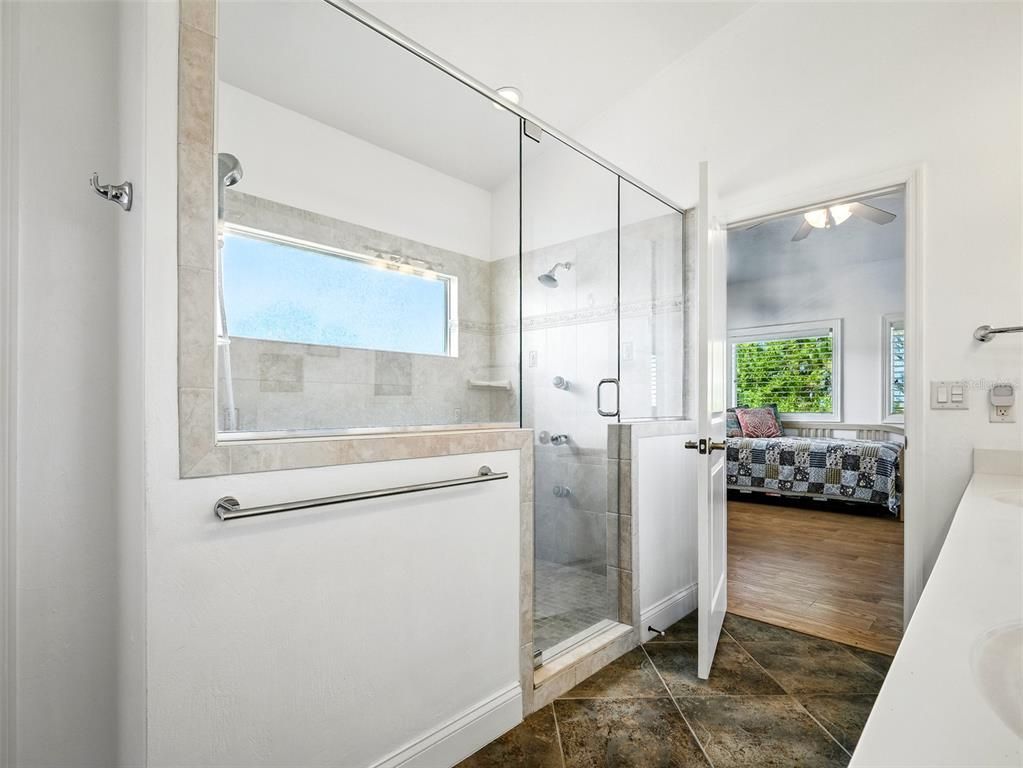 Bathroom, Glass Shower, Interior, Wood Texture Flooring