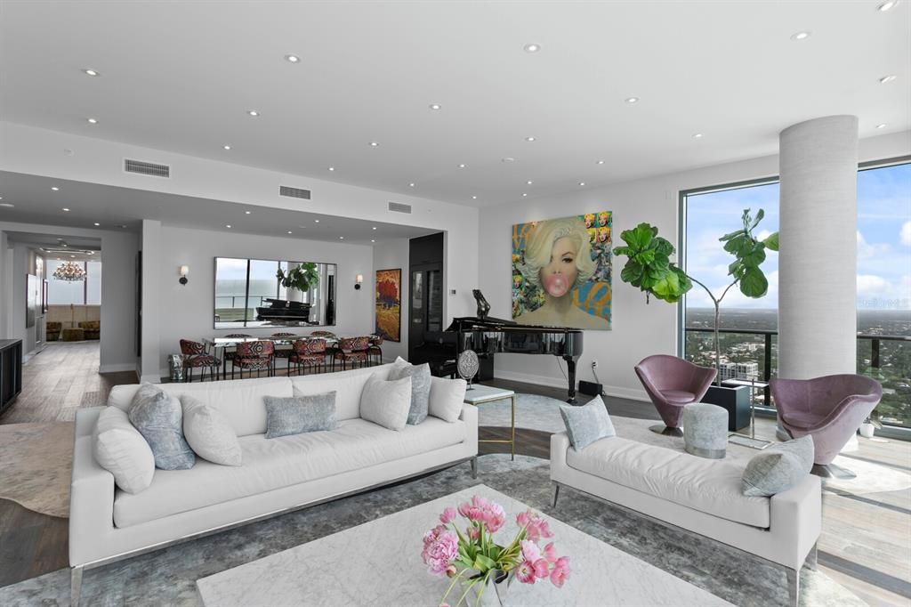 Dining room, Interior, Living room, Piano, Recessed Lighting, Water, Wood Texture Flooring