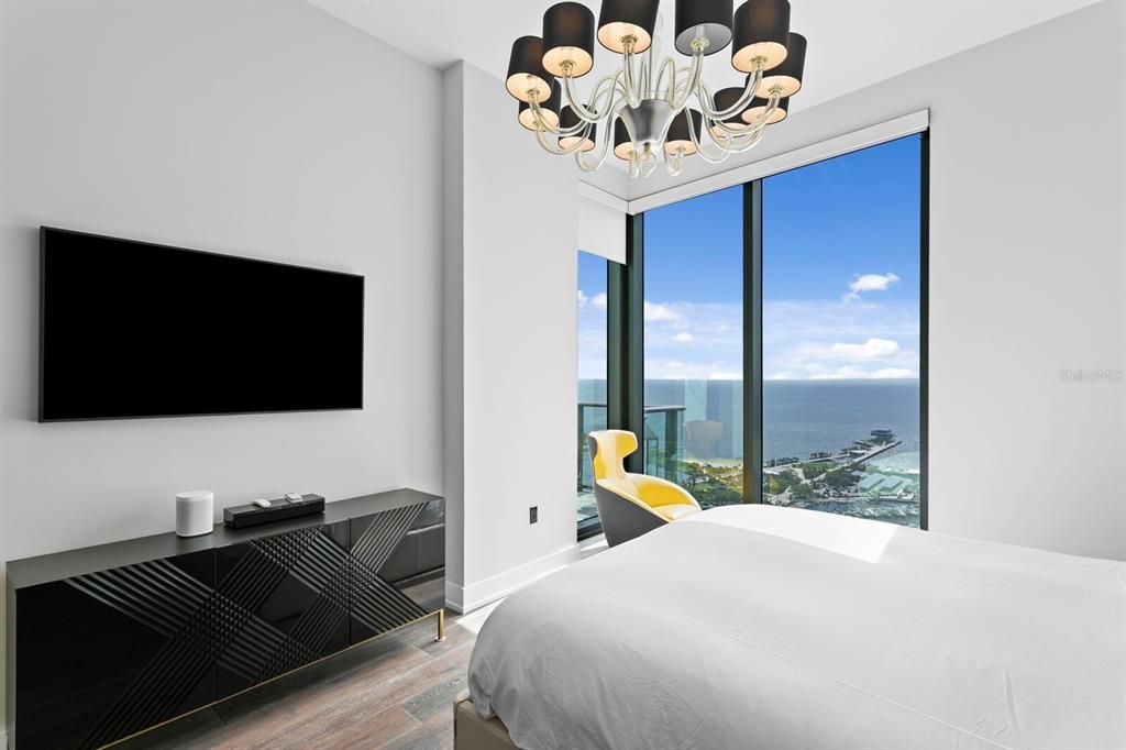 Bedroom, Chandelier, Interior, Water, Wood Texture Flooring