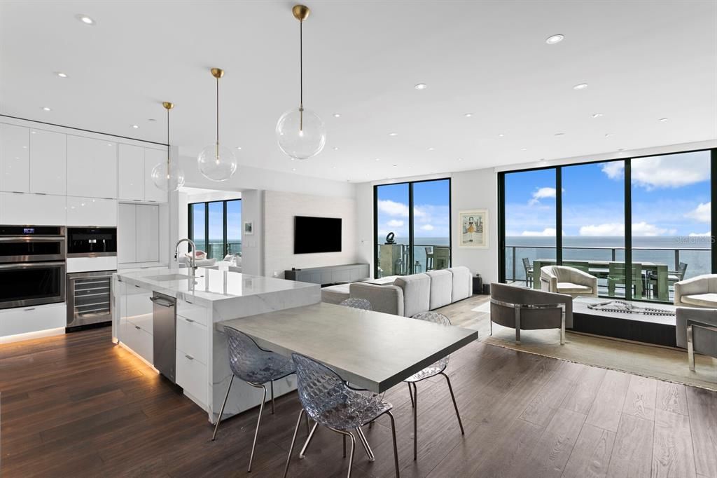 Interior, Kitchen, Living room, Pendant Lights, Recessed Lighting, Stainless Steel Appliances, Water, Wood Texture Flooring