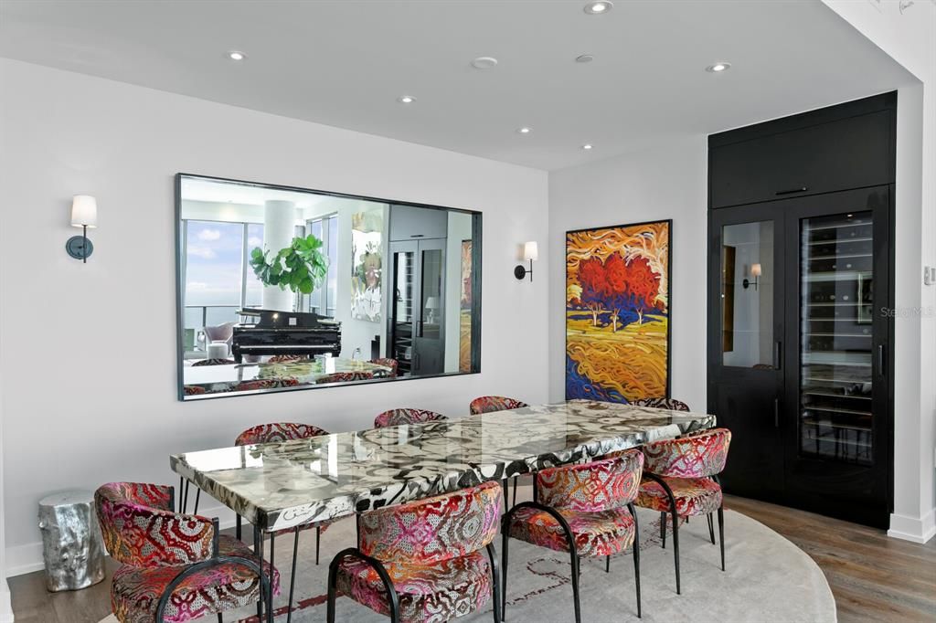 Dining room, Interior, Recessed Lighting, Wood Texture Flooring