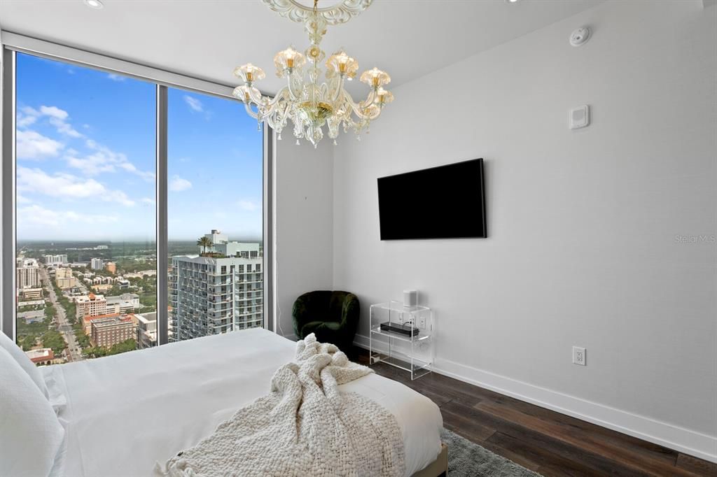 Bedroom, Chandelier, Interior, Wood Texture Flooring