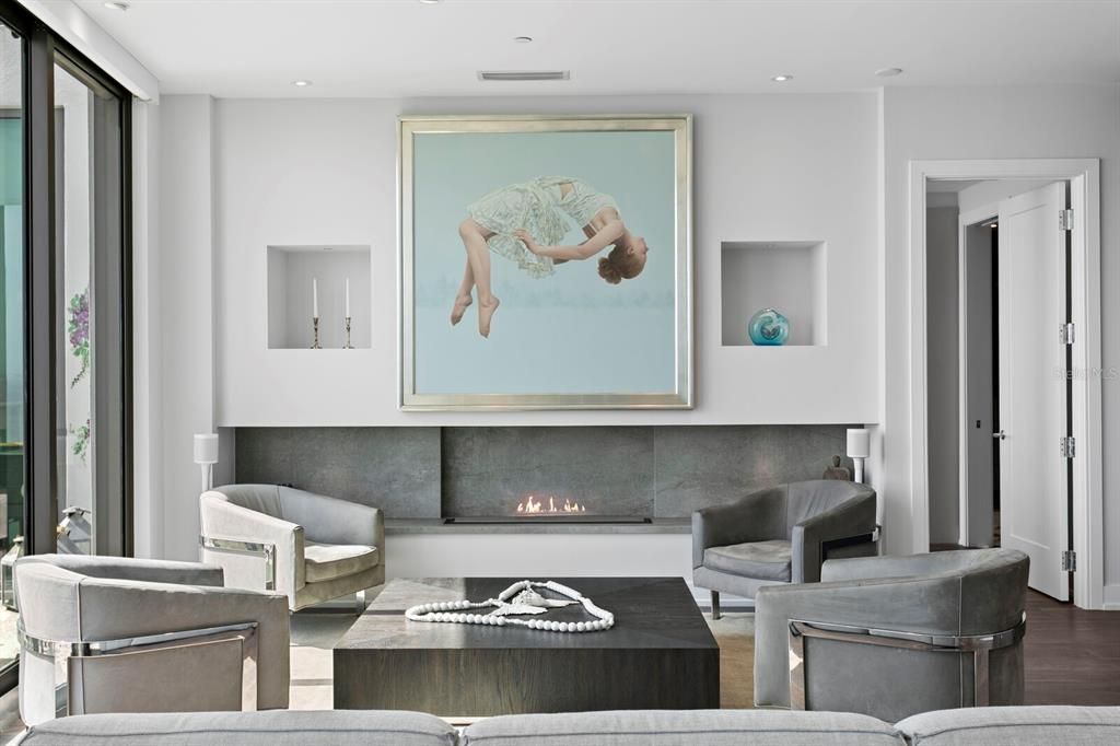 Fireplace, Interior, Living room, Recessed Lighting, Wood Texture Flooring