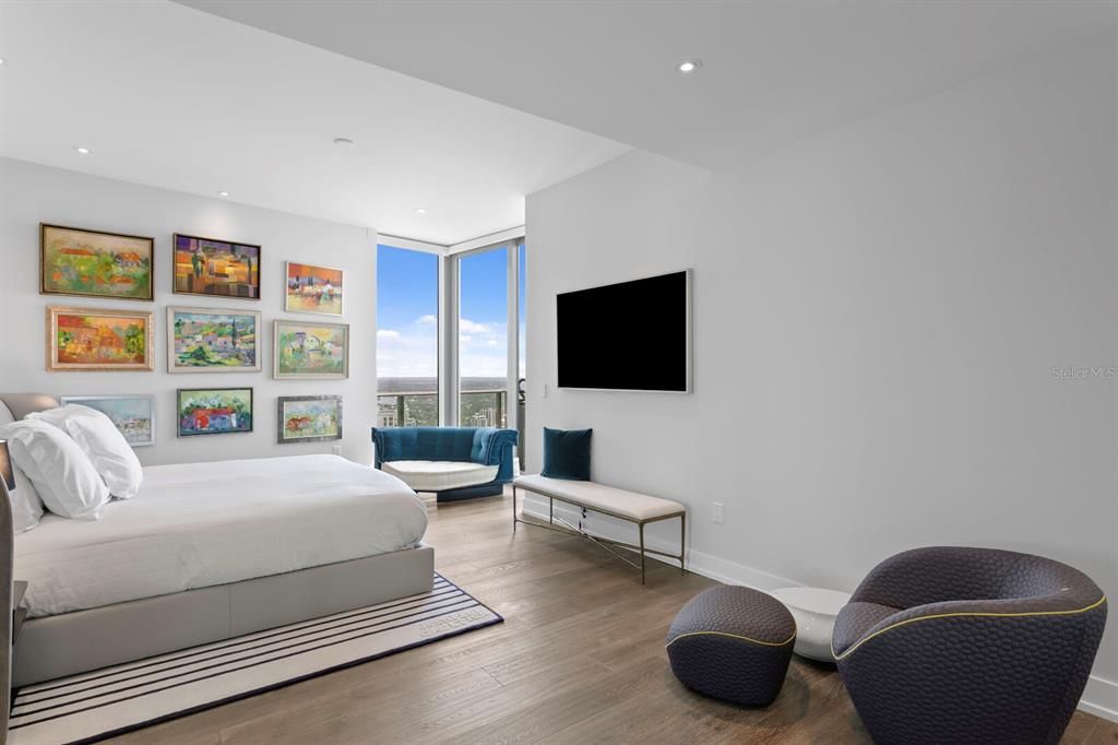 Bedroom, Interior, Recessed Lighting, Water, Wood Texture Flooring