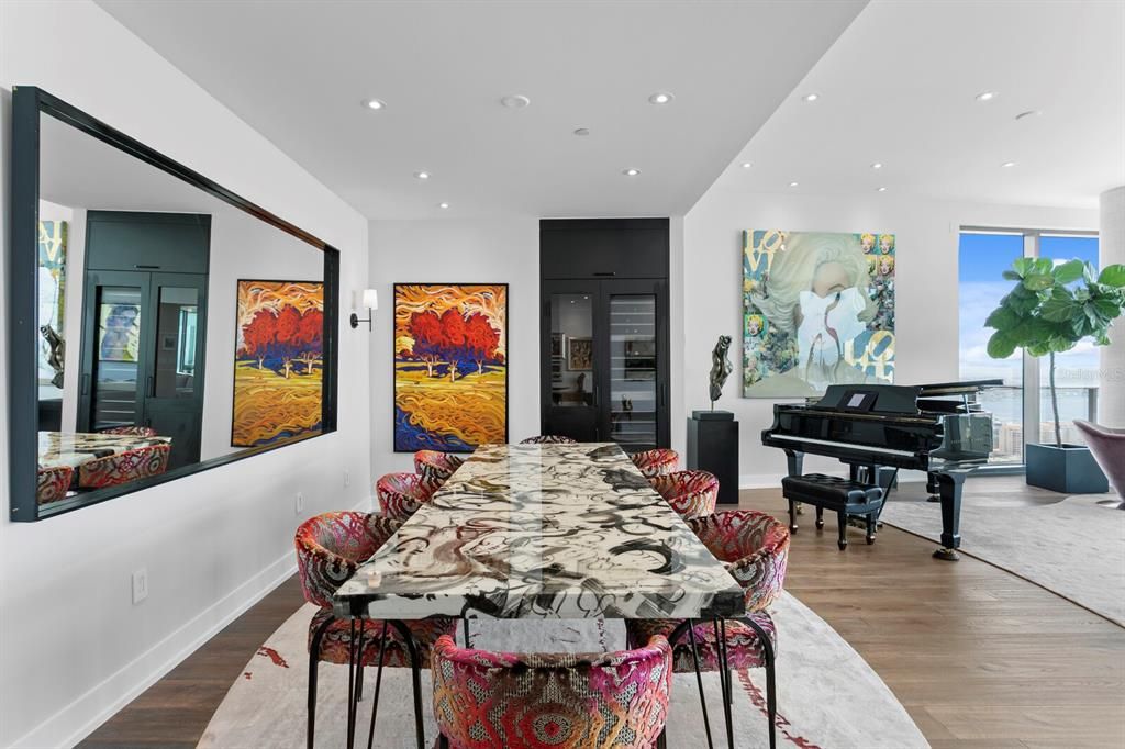 Dining room, Interior, Piano, Recessed Lighting, Wood Texture Flooring
