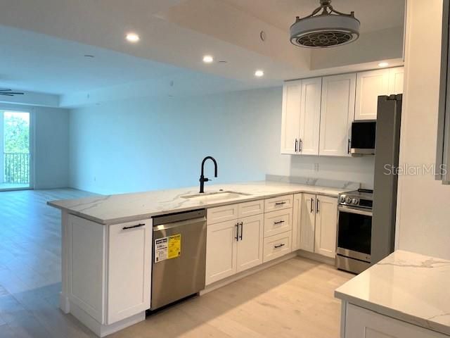 Interior, Kitchen, Recessed Lighting, Stainless Steel Appliances, Wood Texture Flooring