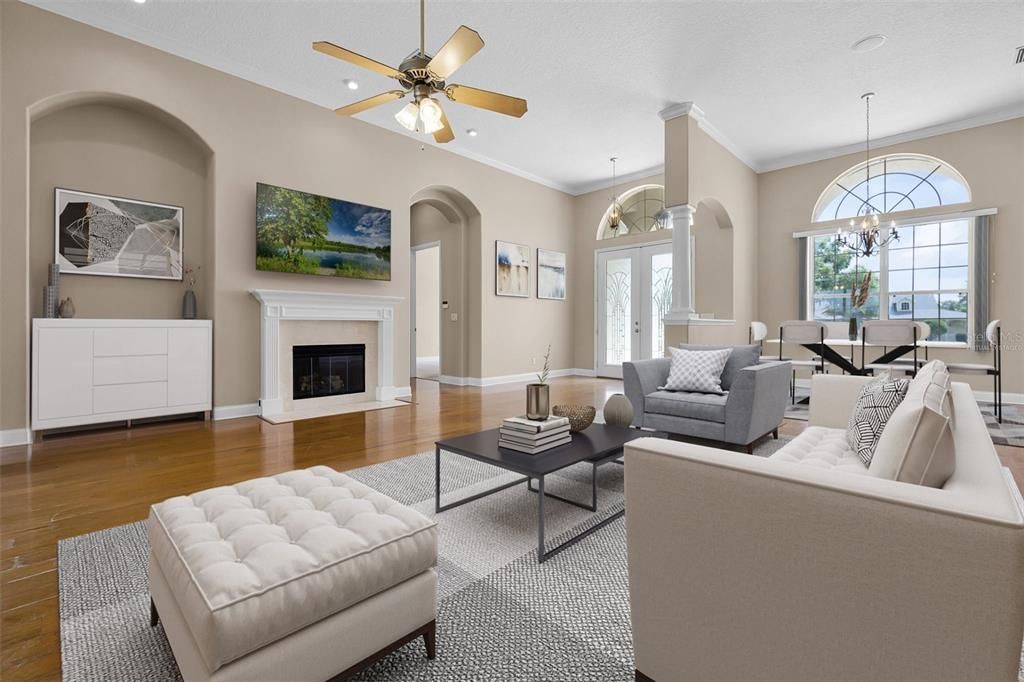 Dining room, Fireplace, Interior, Living room, Pendant Lights, Recessed Lighting, Wood Texture Flooring