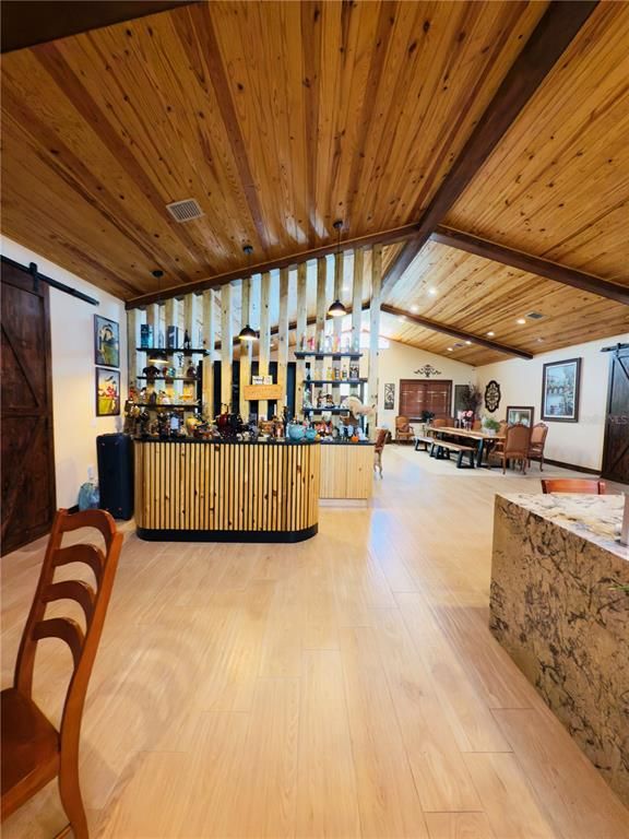 Dining room, Interior, Living room, Recessed Lighting, Wooden Beams, Wooden Ceilings, Wood Texture Flooring