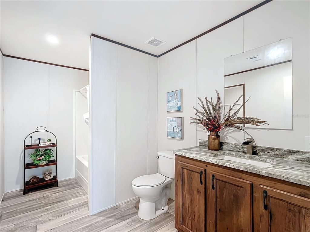 Bathroom, Interior, Recessed Lighting, Wood Texture Flooring