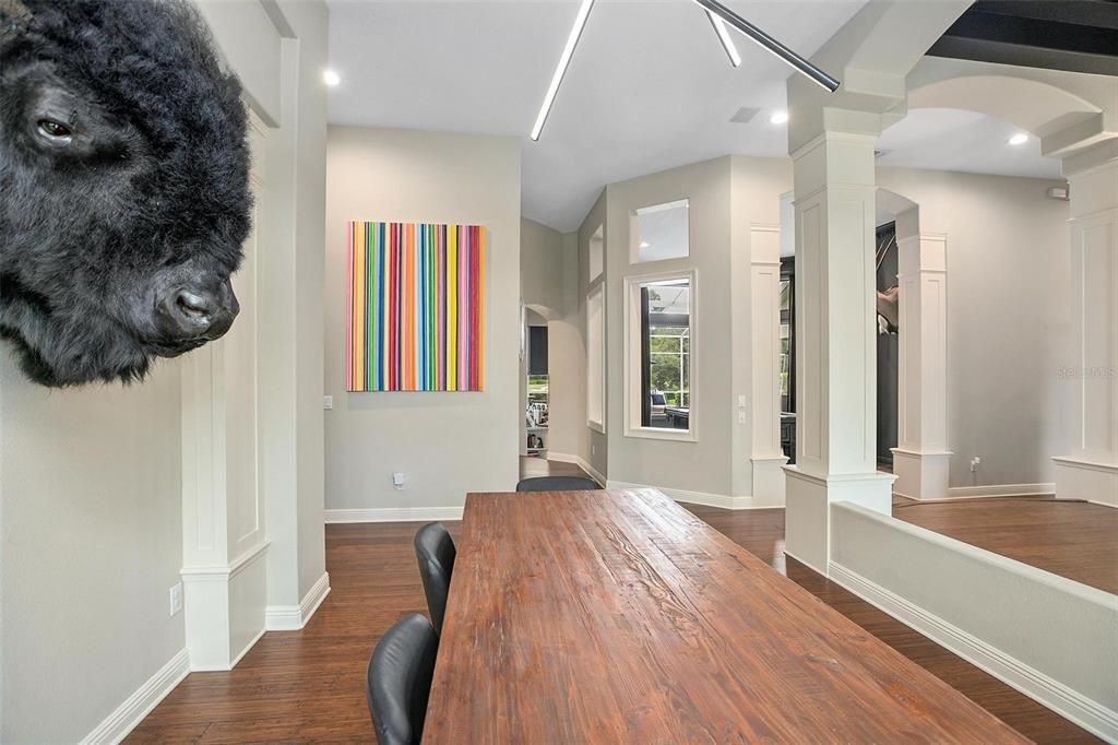 Dining room, Interior, Recessed Lighting, Wood Texture Flooring