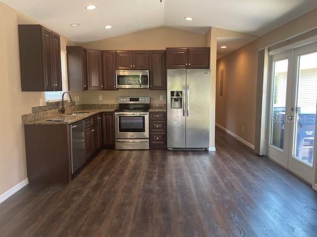 Interior, Kitchen, Recessed Lighting, Stainless Steel Appliances, Wood Texture Flooring