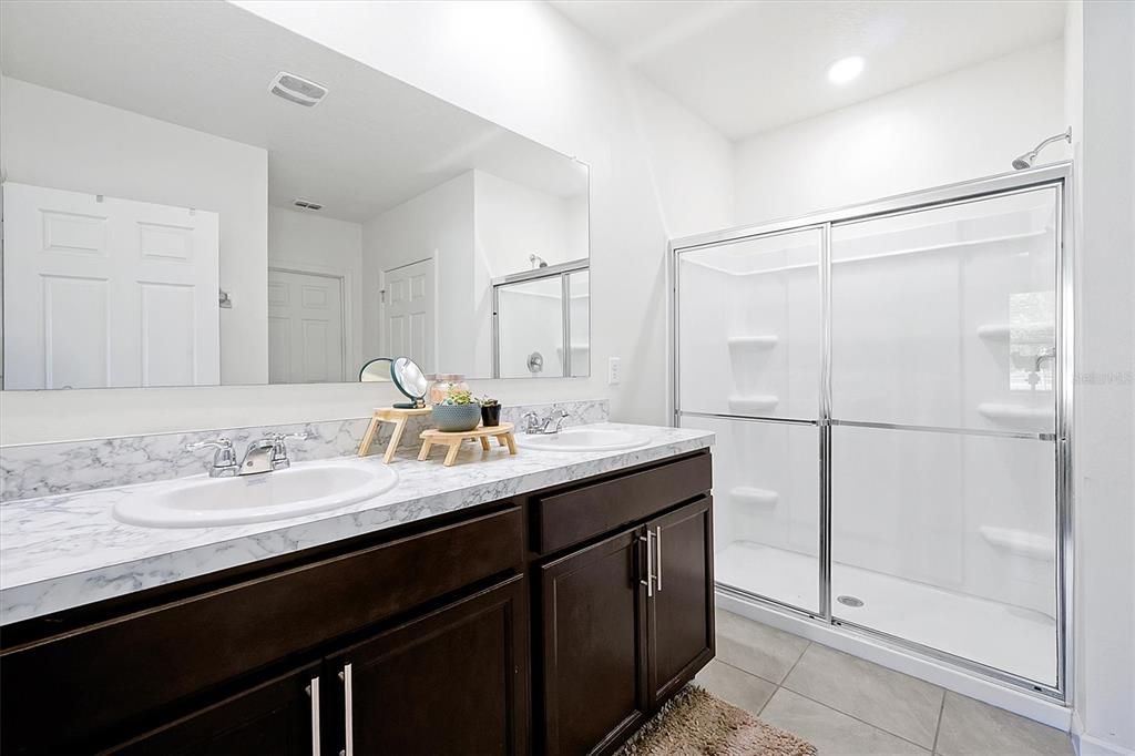 Bathroom, Dual Sink Vanities, Glass Shower, Interior, Recessed Lighting