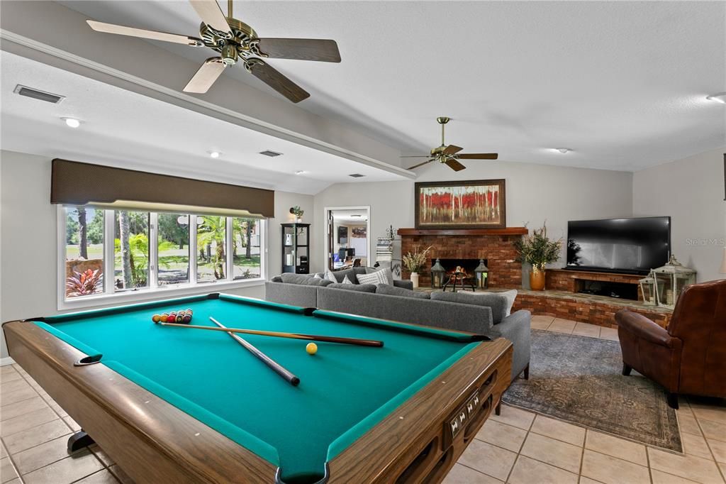 Billiard Table, Fireplace, Game Room, Interior, Living room, Recessed Lighting