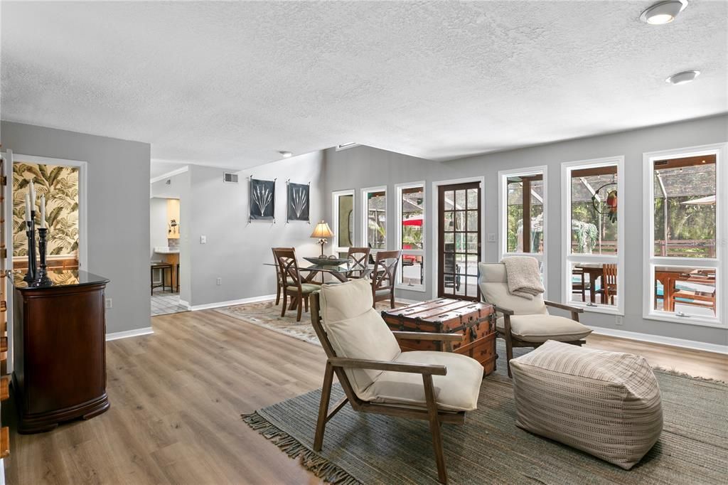 Dining room, Interior, Living room, Recessed Lighting, Wood Texture Flooring
