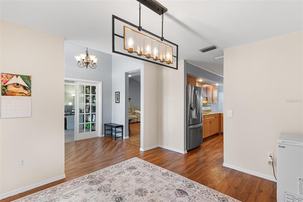 Chandelier, Interior, Kitchen, Pendant Lights, Wood Texture Flooring