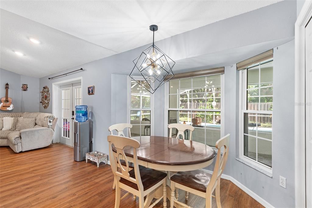 Dining room, Interior, Living room, Pendant Lights, Recessed Lighting, Wood Texture Flooring