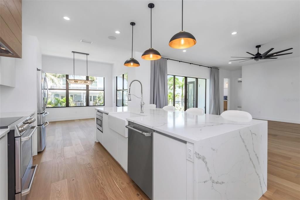 Interior, Kitchen, Pendant Lights, Recessed Lighting, Stainless Steel Appliances, Wood Texture Flooring