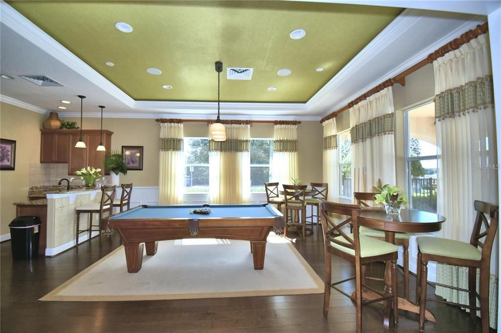 Billiard Table, Dining room, Game Room, Interior, Pendant Lights, Recessed Lighting, Wood Texture Flooring