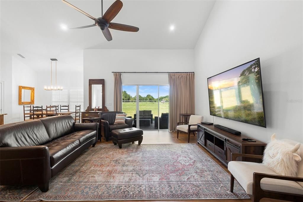 Dining room, Interior, Living room, Pendant Lights, Recessed Lighting, Wood Texture Flooring