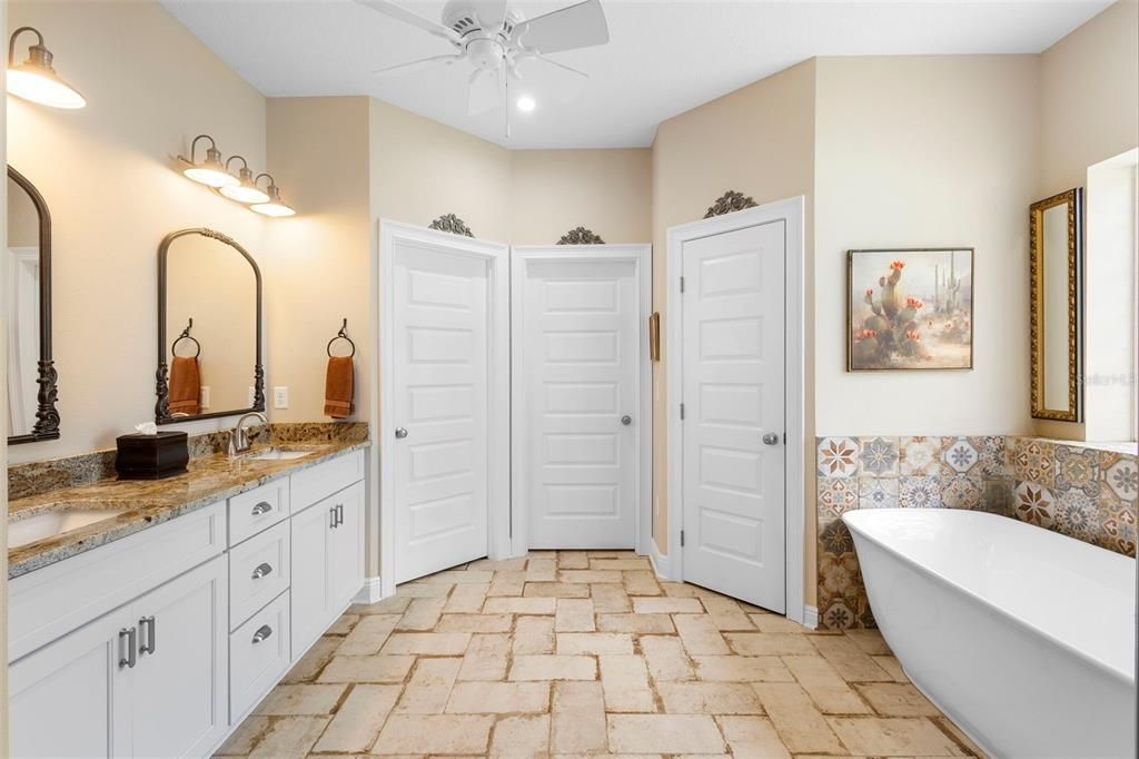 Bathroom, Dual Sink Vanities, Free Standing Baths, Interior, Recessed Lighting