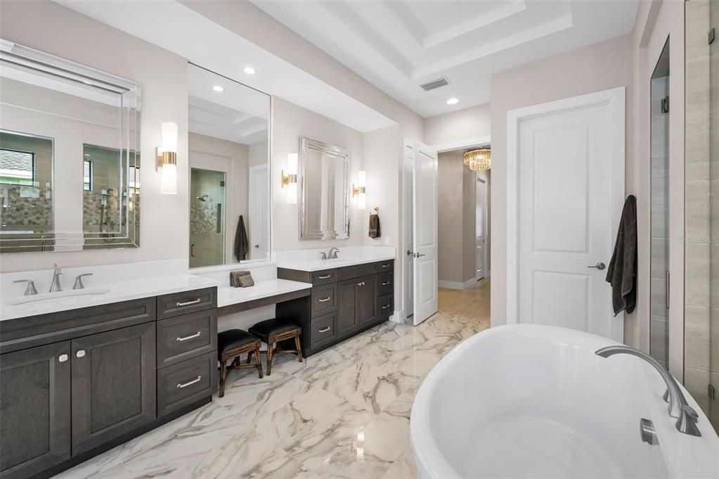 Bathroom, Dual Sink Vanities, Free Standing Baths, Interior, Marble, Recessed Lighting