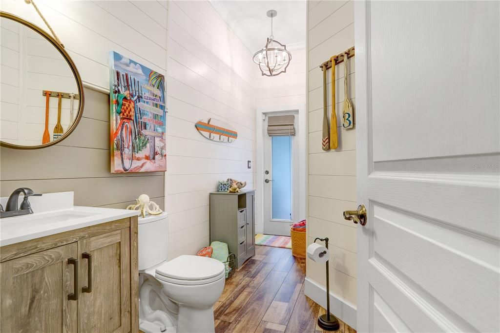 Bathroom, Interior, Pendant Lights, Wood Texture Flooring