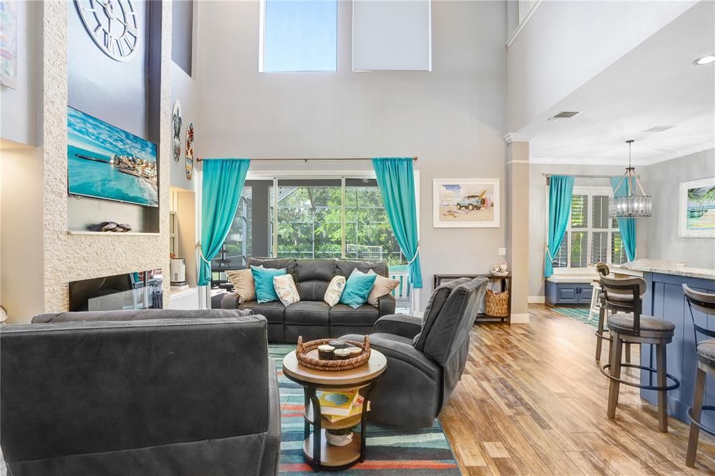 Fireplace, Interior, Living room, Pendant Lights, Recessed Lighting, Wood Texture Flooring