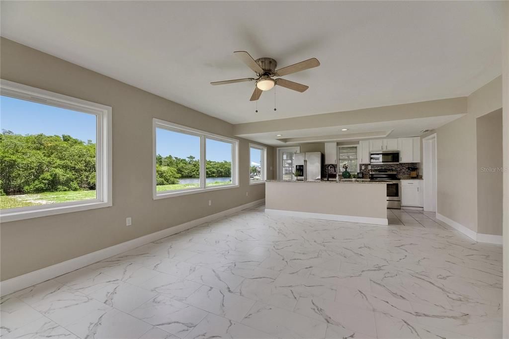 Empty room, Interior, Kitchen, Marble, Recessed Lighting, Stainless Steel Appliances