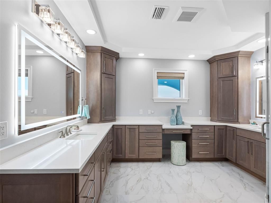 Bathroom, Dual Sink Vanities, Interior, Marble, Recessed Lighting