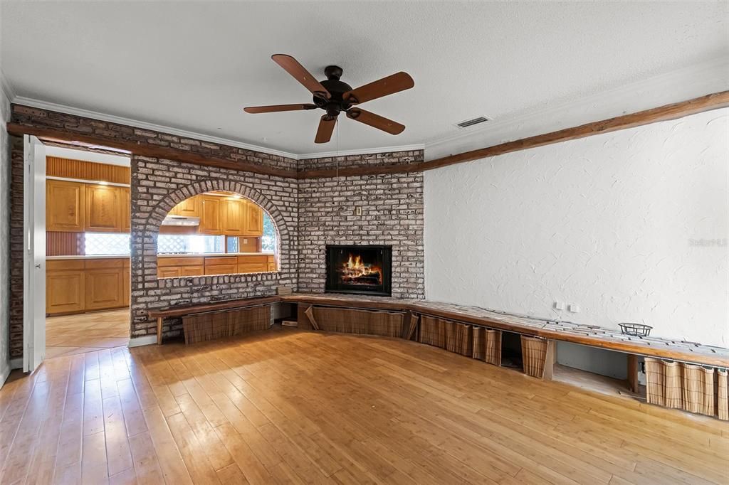 Empty room, Fireplace, Interior, Stone Walls, Wood Texture Flooring
