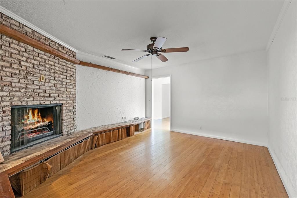 Empty room, Fireplace, Interior, Stone Walls, Wood Texture Flooring