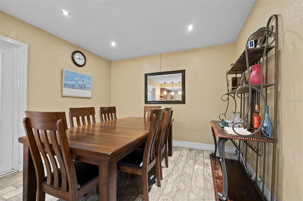 Dining room, Interior, Pendant Lights, Recessed Lighting, Wood Texture Flooring