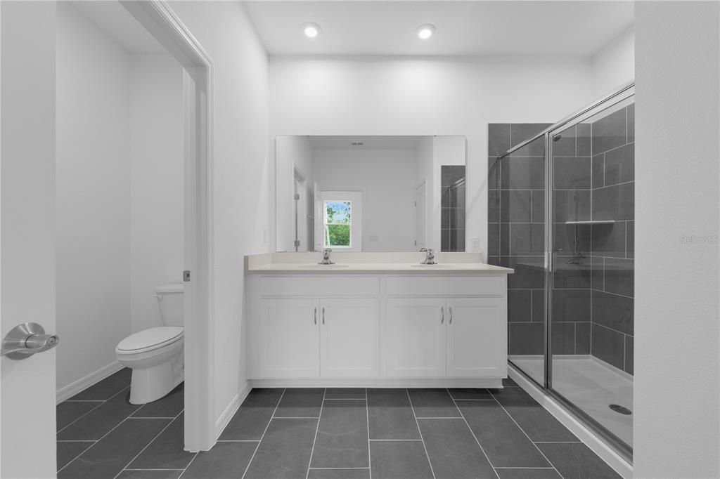 Bathroom, Dual Sink Vanities, Glass Shower, Interior, Recessed Lighting