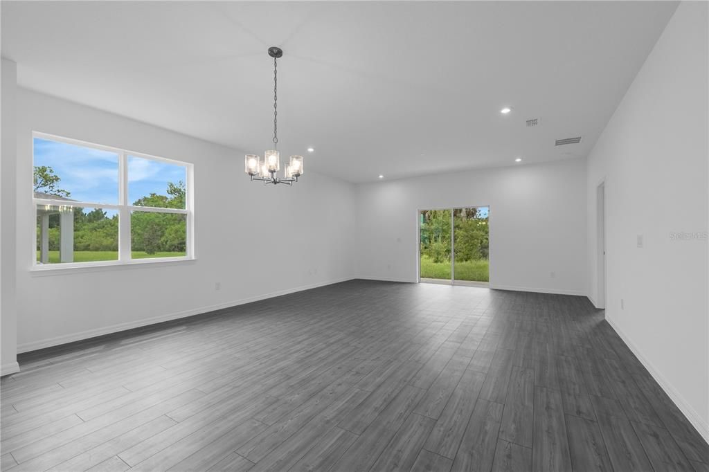 Chandelier, Empty room, Interior, Recessed Lighting, Wood Texture Flooring