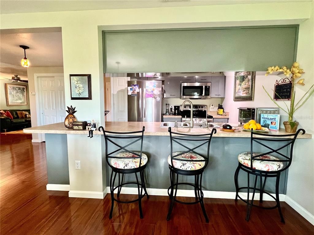 Interior, Kitchen, Pendant Lights, Stainless Steel Appliances, Wood Texture Flooring