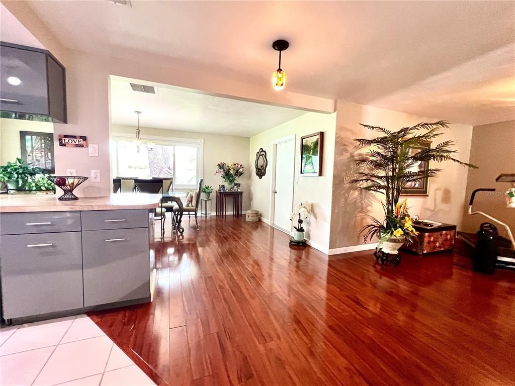 Dining room, Interior, Pendant Lights, Wood Texture Flooring