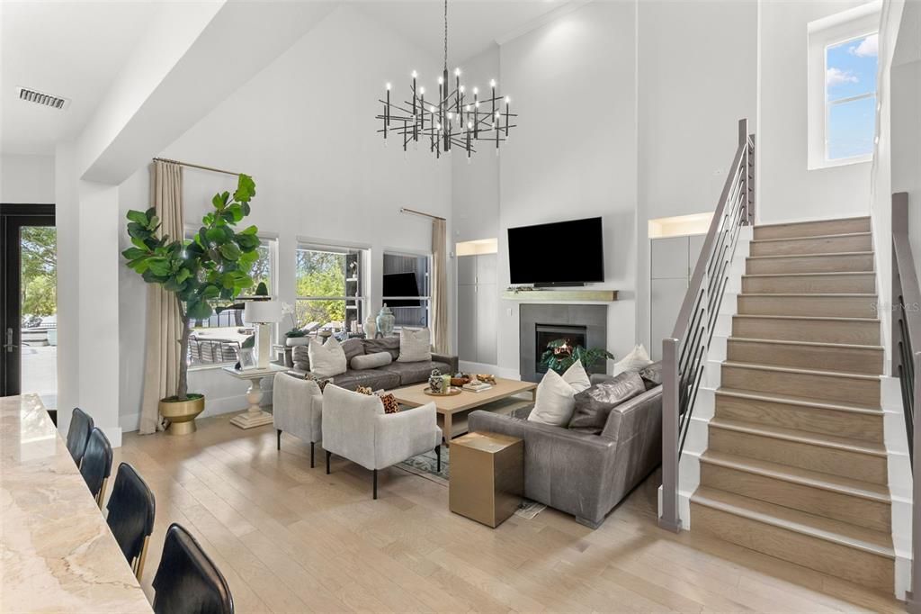 Fireplace, Interior, Living room, Pendant Lights, Wood Texture Flooring