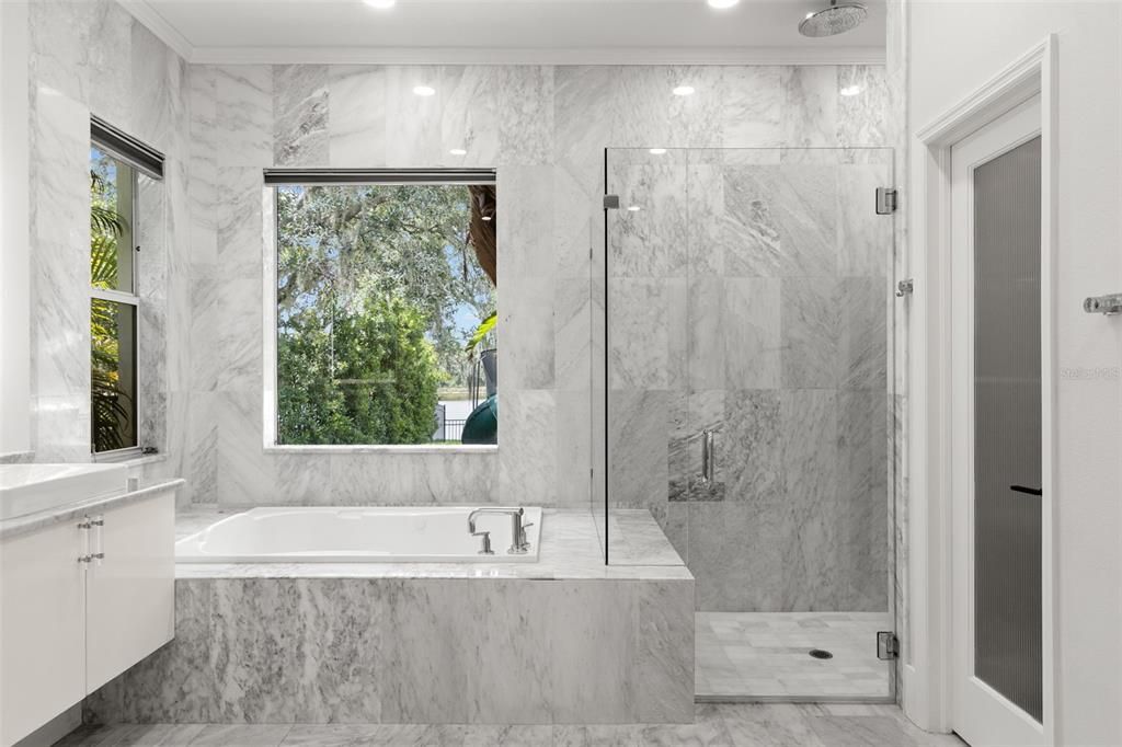 Bathroom, Glass Shower, Interior, Marble, Marble Walls, Recessed Lighting