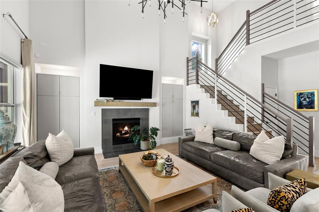 Fireplace, Interior, Living room, Pendant Lights, Wood Texture Flooring