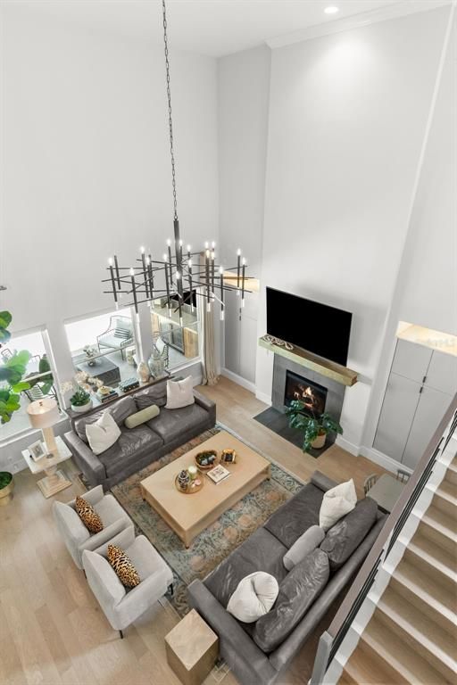 Fireplace, Interior, Living room, Pendant Lights, Recessed Lighting, Wood Texture Flooring