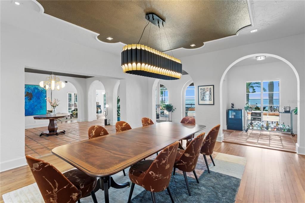 Chandelier, Dining room, Interior, Pendant Lights, Recessed Lighting, Wood Texture Flooring