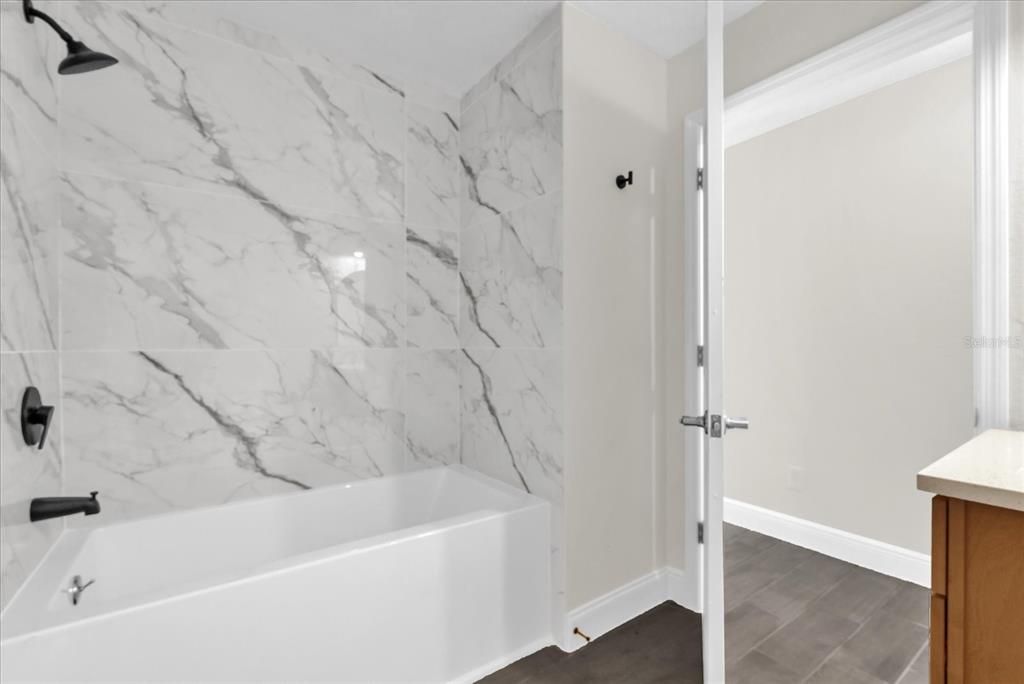 Bathroom, Interior, Marble Walls, Wood Texture Flooring