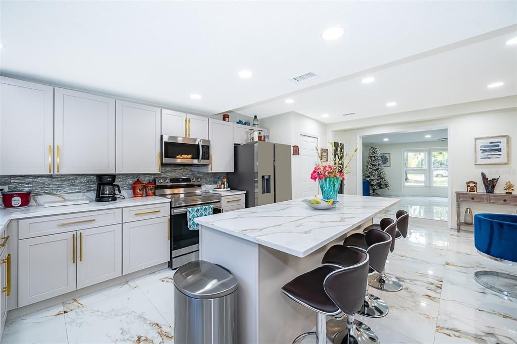 Interior, Kitchen, Marble, Recessed Lighting, Stainless Steel Appliances