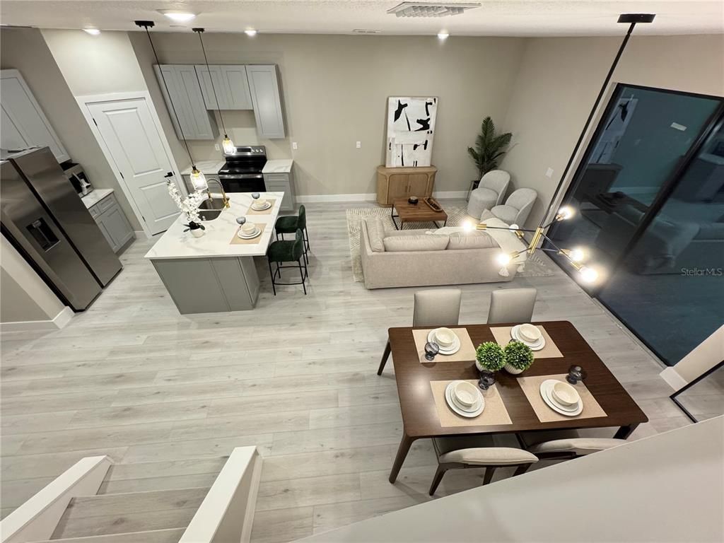 Dining room, Interior, Kitchen, Living room, Pendant Lights, Stainless Steel Appliances, Wood Texture Flooring