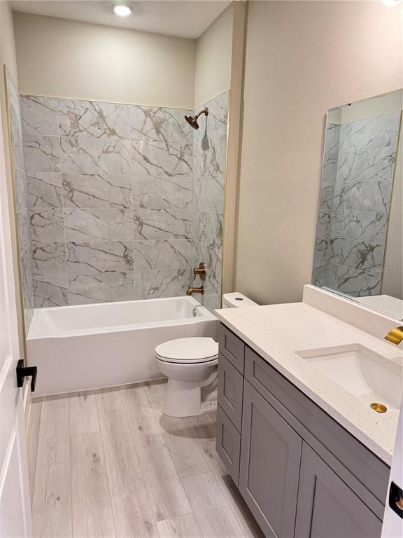 Bathroom, Interior, Marble Walls, Recessed Lighting, Wood Texture Flooring